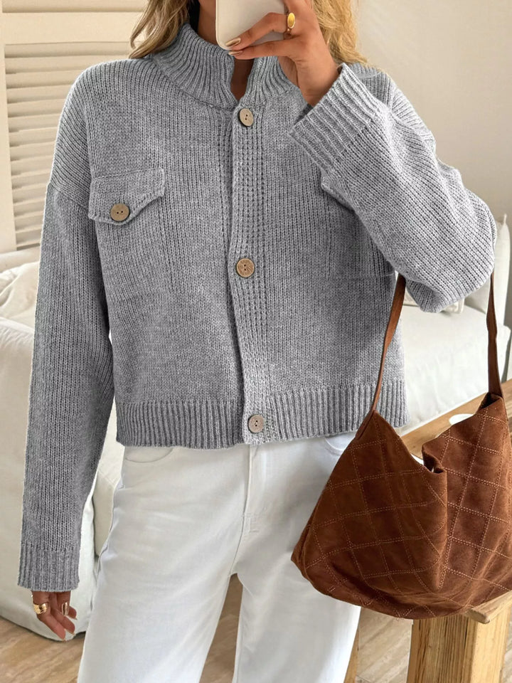 Gray Chunky knit button-front cardigan with chest flap pocket