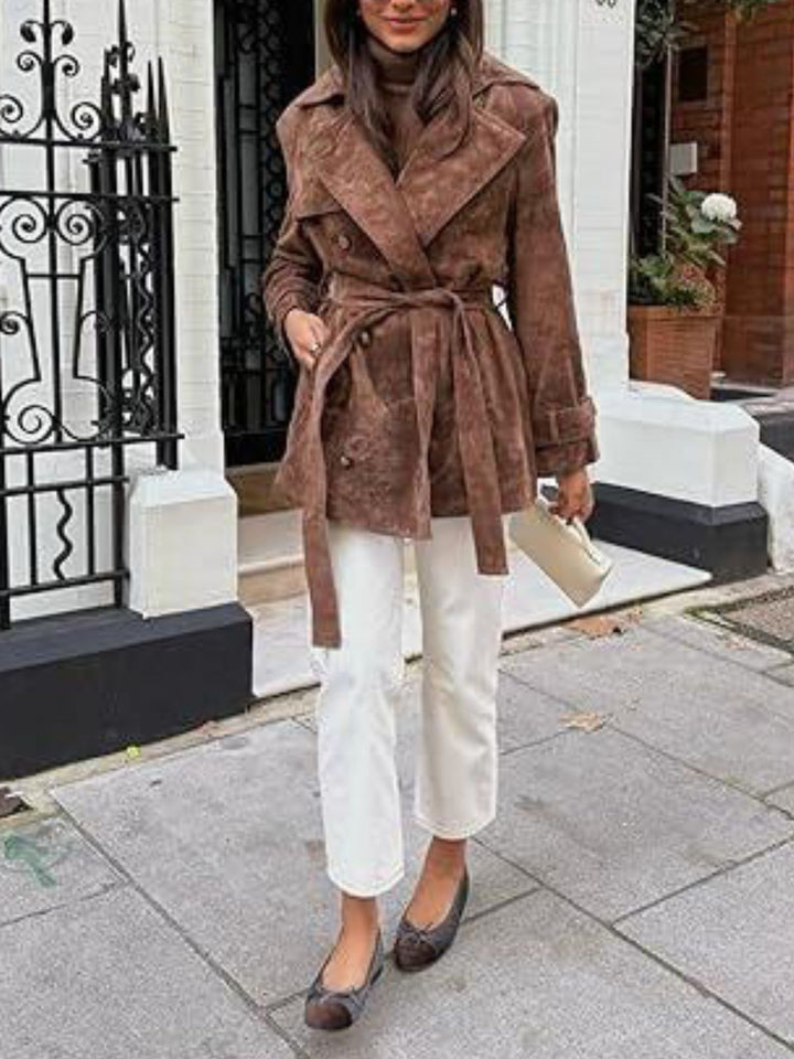 Double-breasted suede-look tie-waist trench coat