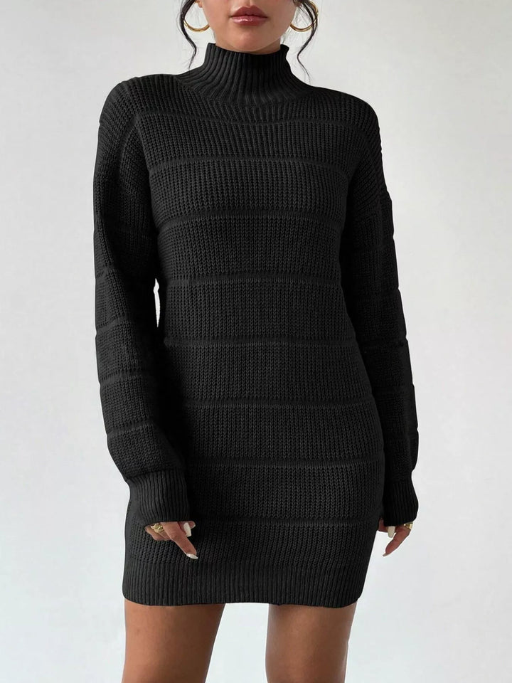 Black Ribbed turtleneck knit sweater mini dress with drop shoulders