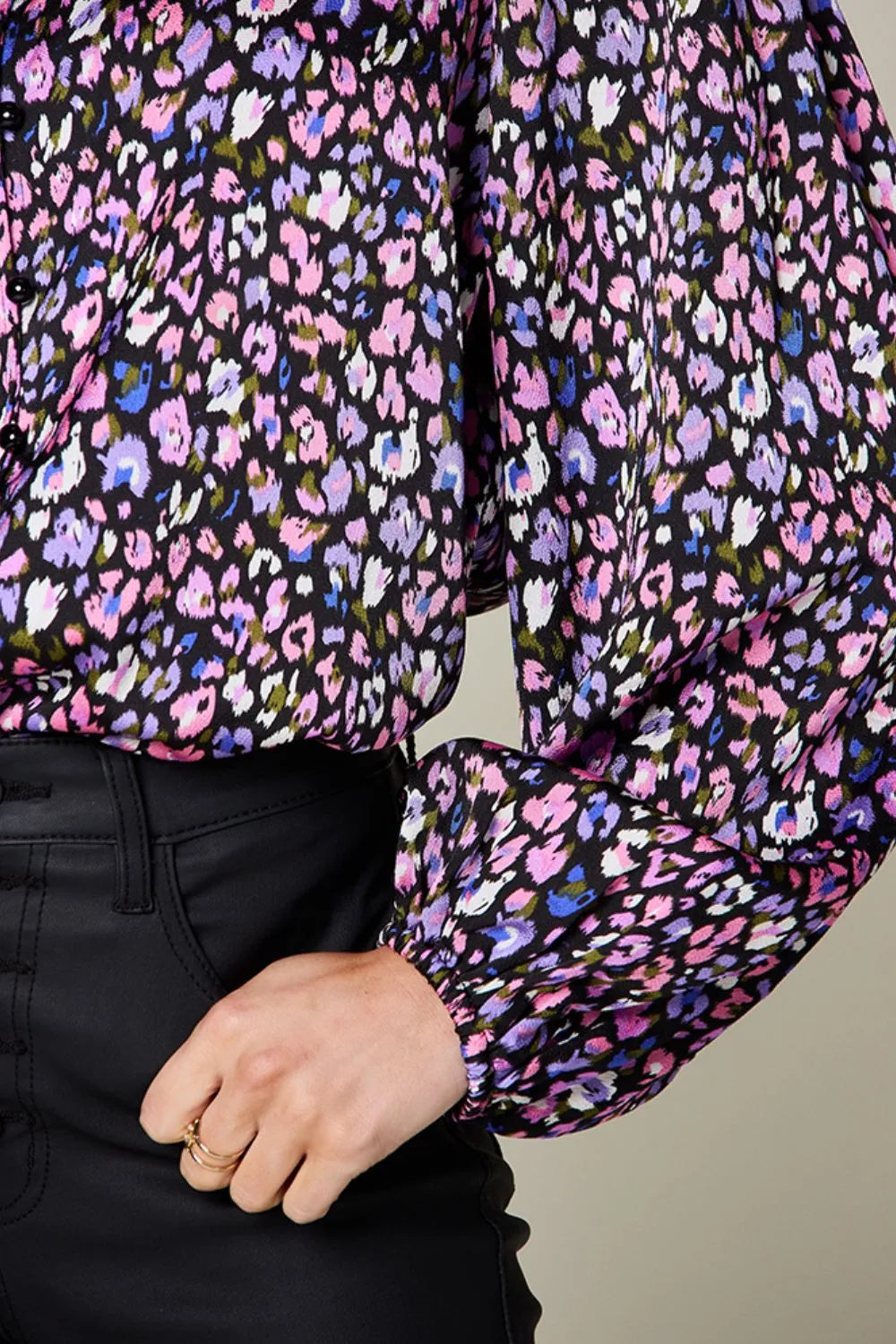 Balloon sleeve floral print button-up shirt