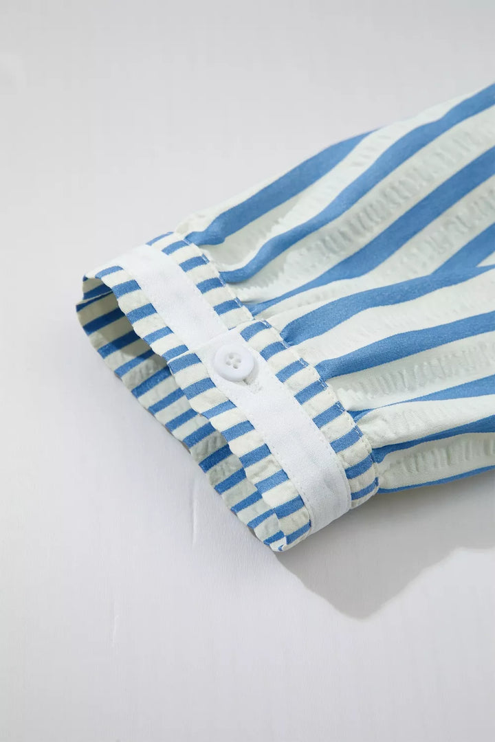 Striped seersucker collared blouse with 3/4 sleeves