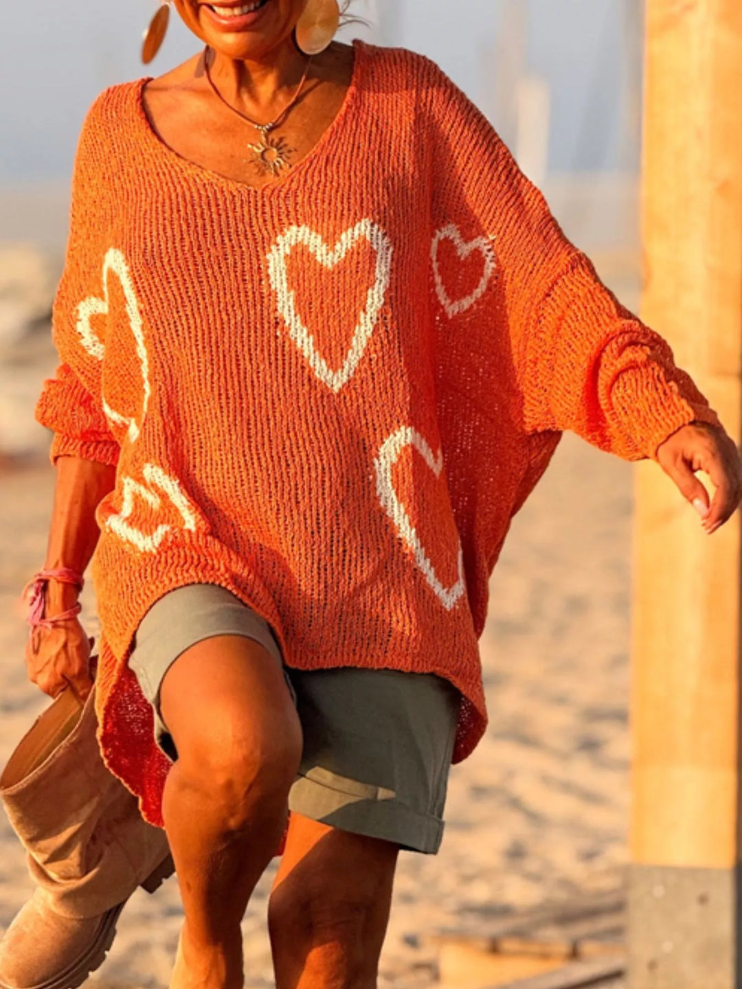 Heart motif V-neck dropped-shoulder knit sweater