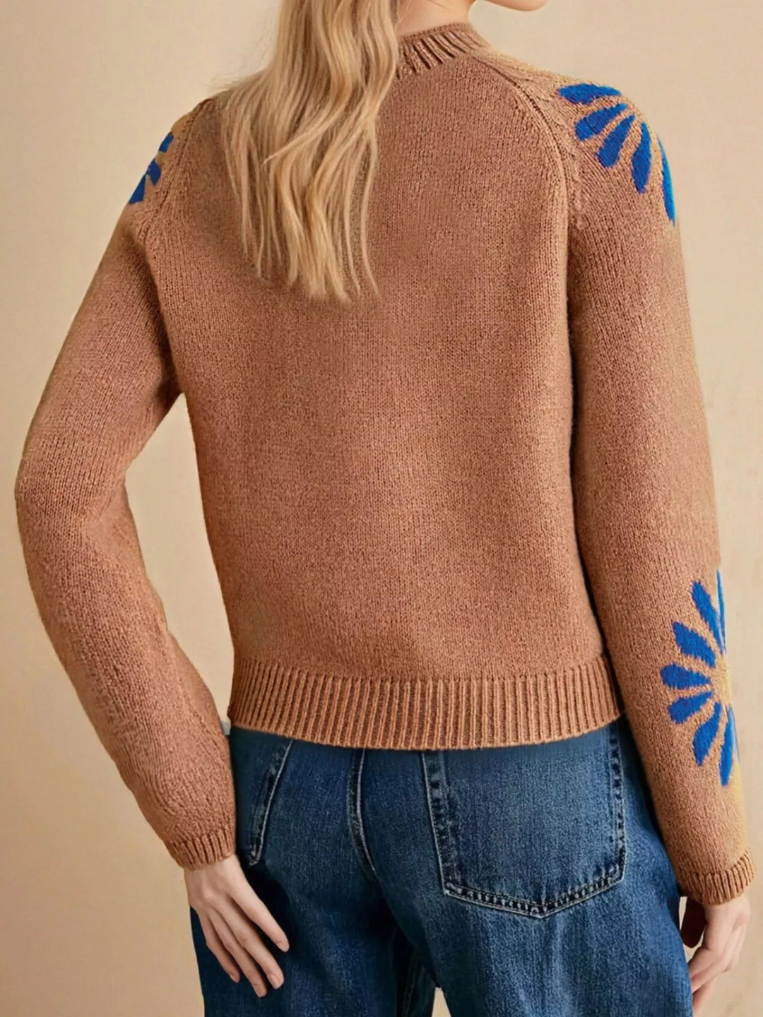 Floral intarsia mock neck raglan sleeve knit sweater