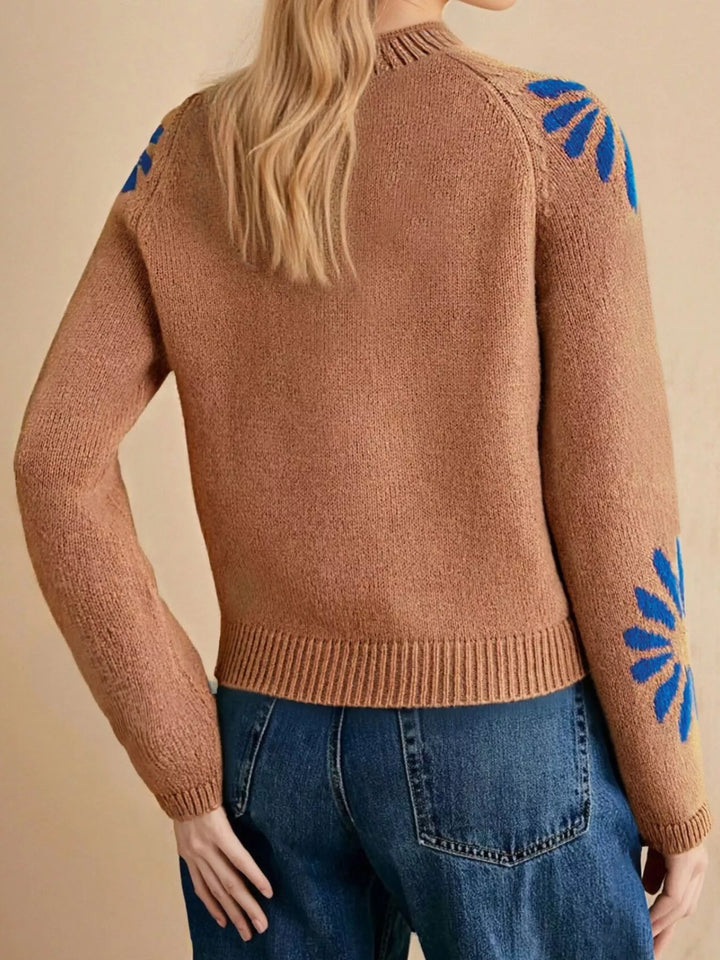 Floral intarsia mock neck raglan sleeve knit sweater