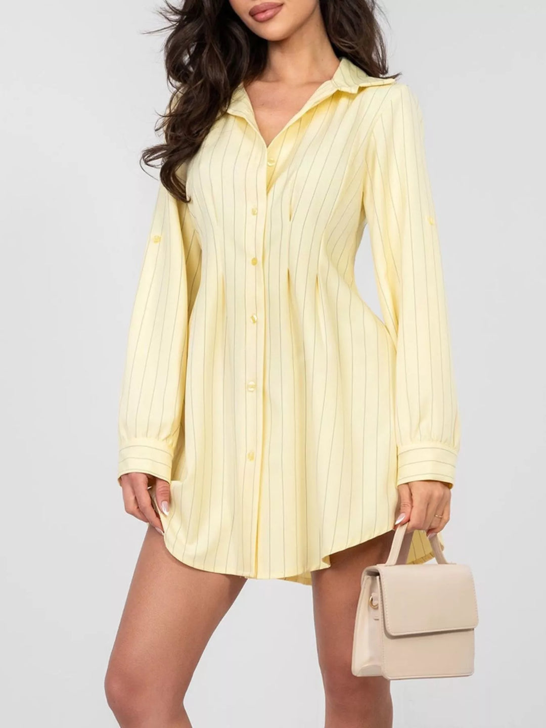 Light Yellow Pinstriped button-down mini shirt dress with ruched waist