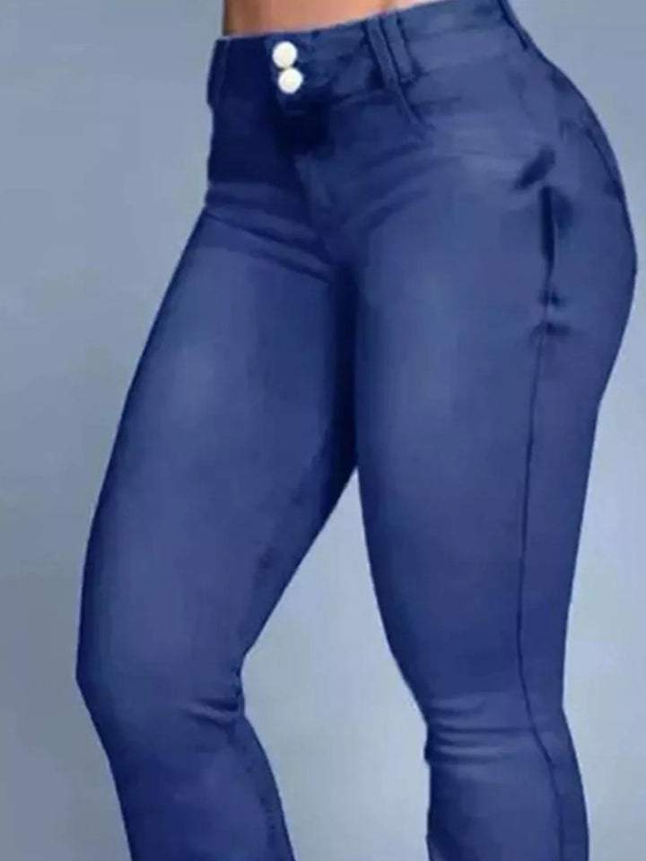 High-rise stretch flare jeans with double-button waist