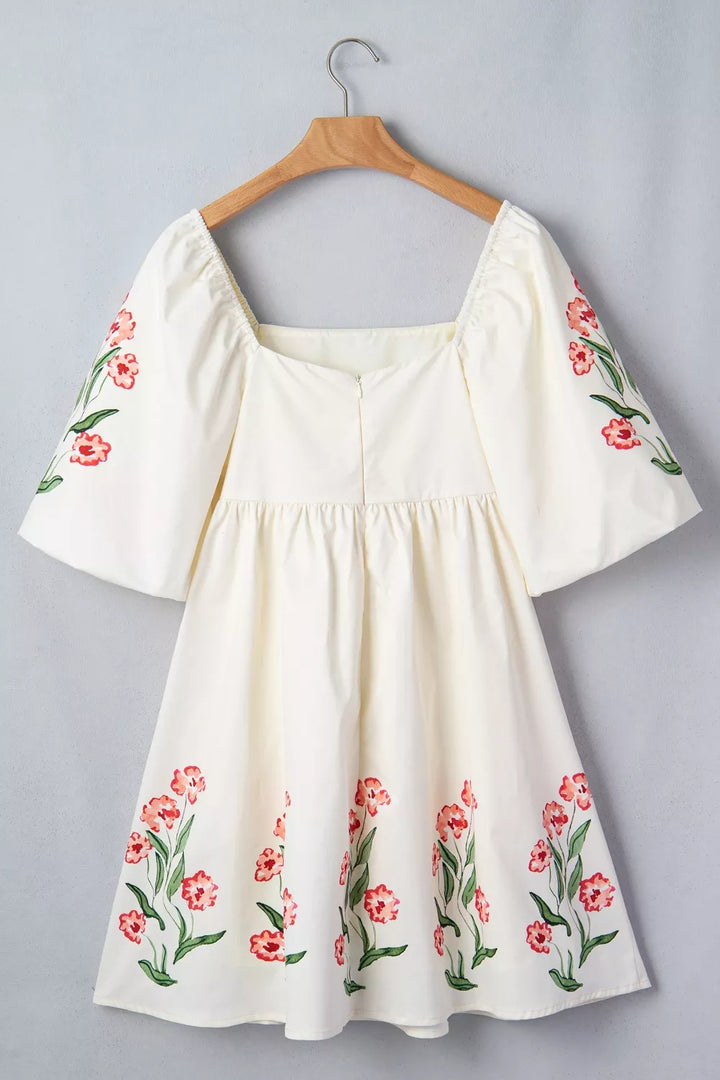 Floral puff sleeve babydoll mini dress with square neck