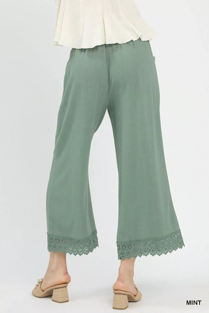 Wide-leg cropped linen pants with lace hem trim
