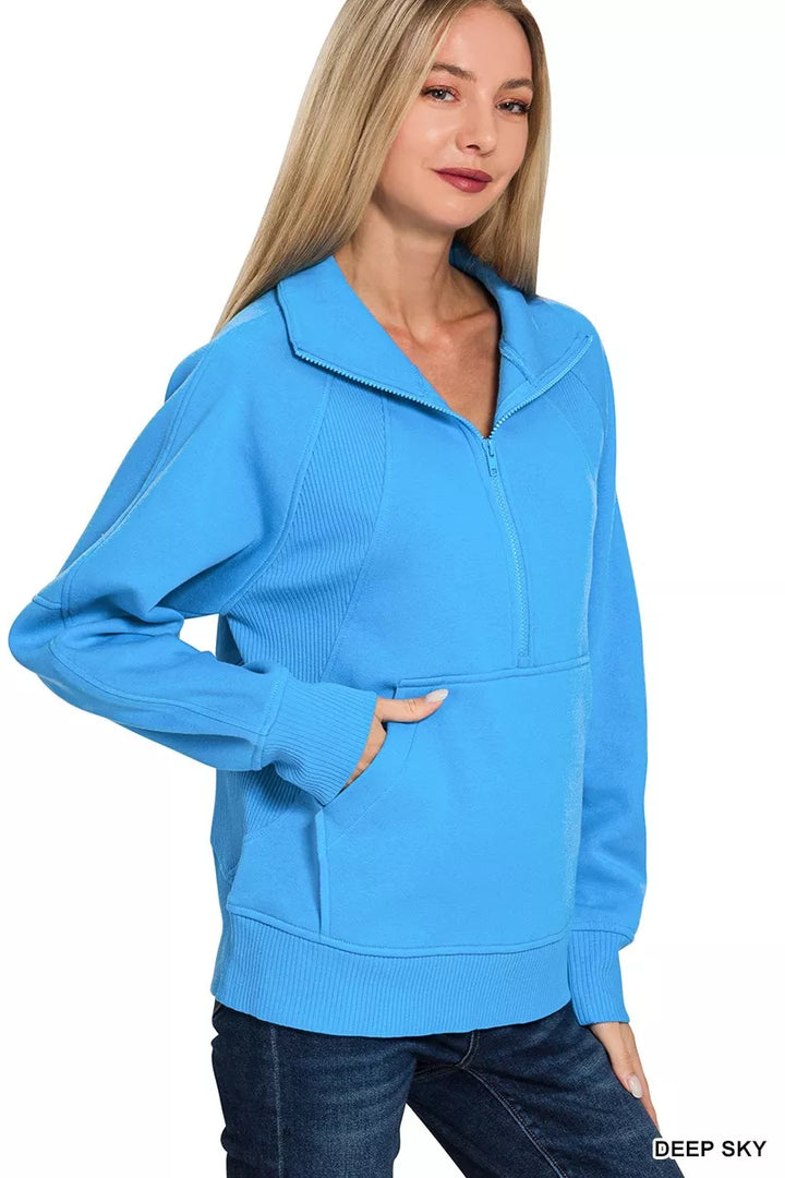 Half-zip mock neck fleece pullover with kangaroo pocket