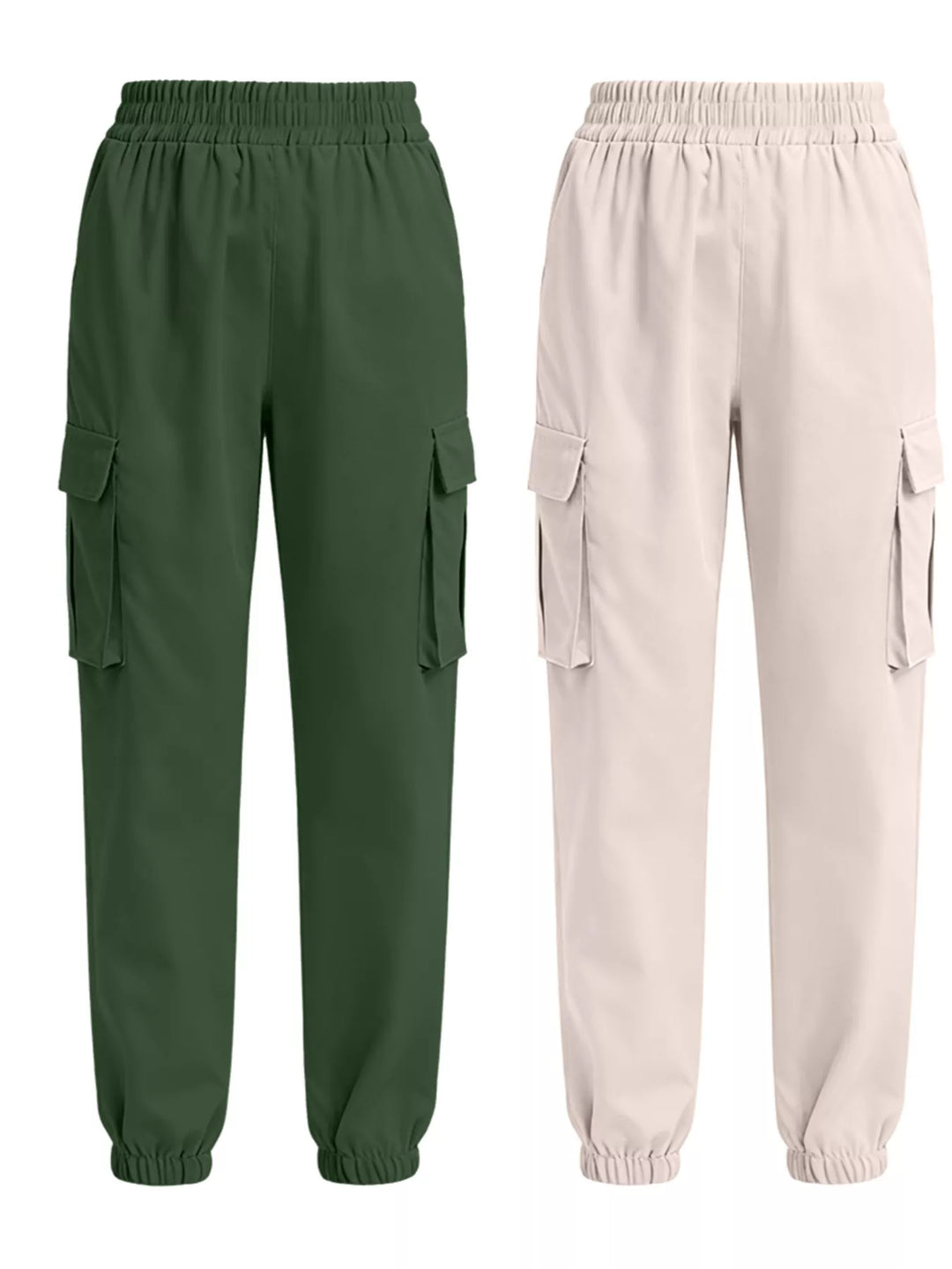 army green &amp; apricot Elastic waist cargo jogger pants with flap pockets, 2-piece set