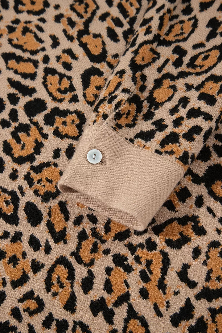 Leopard print collared button-front knit cardigan