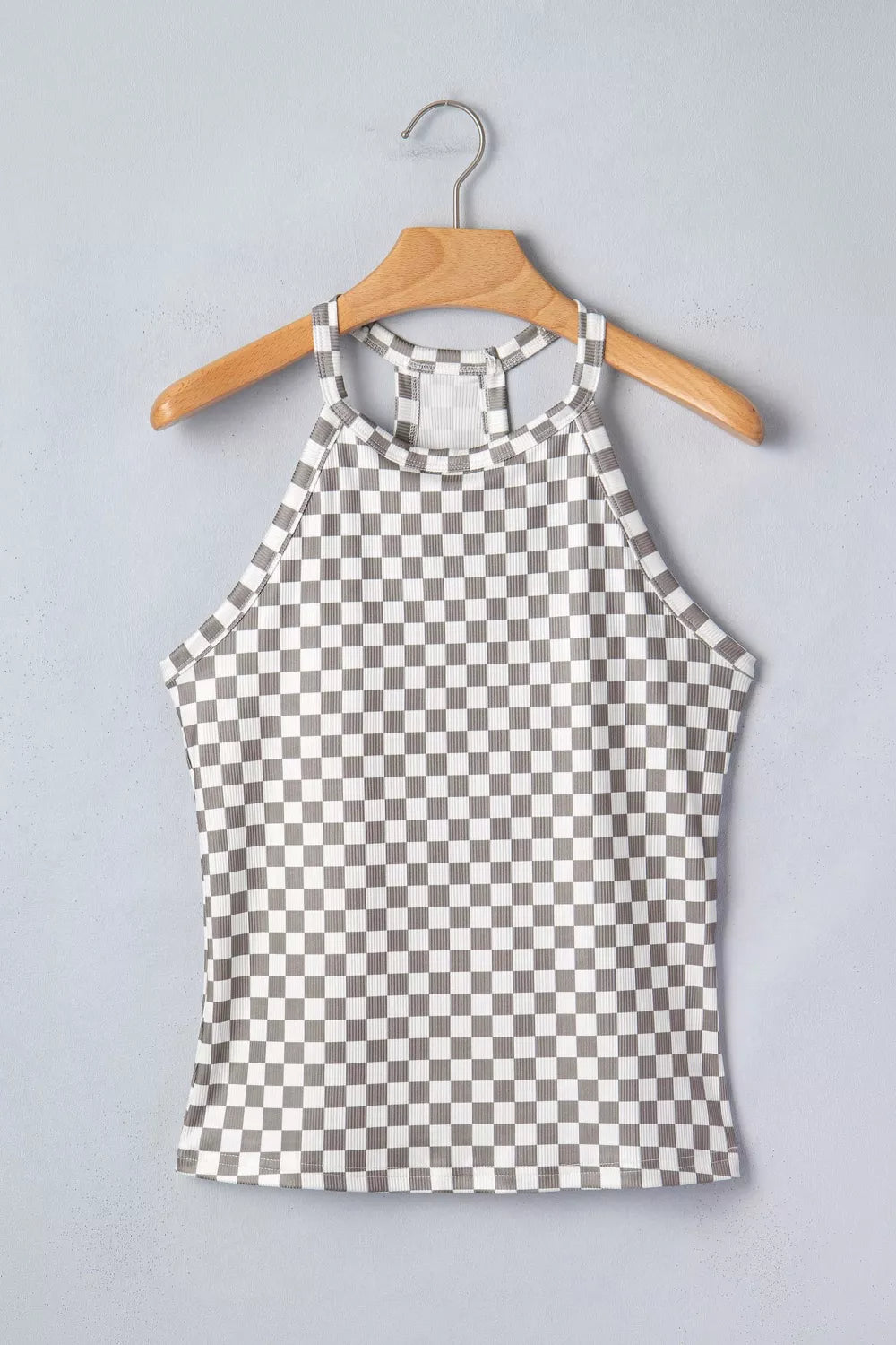 Checkered print textured halter tank top