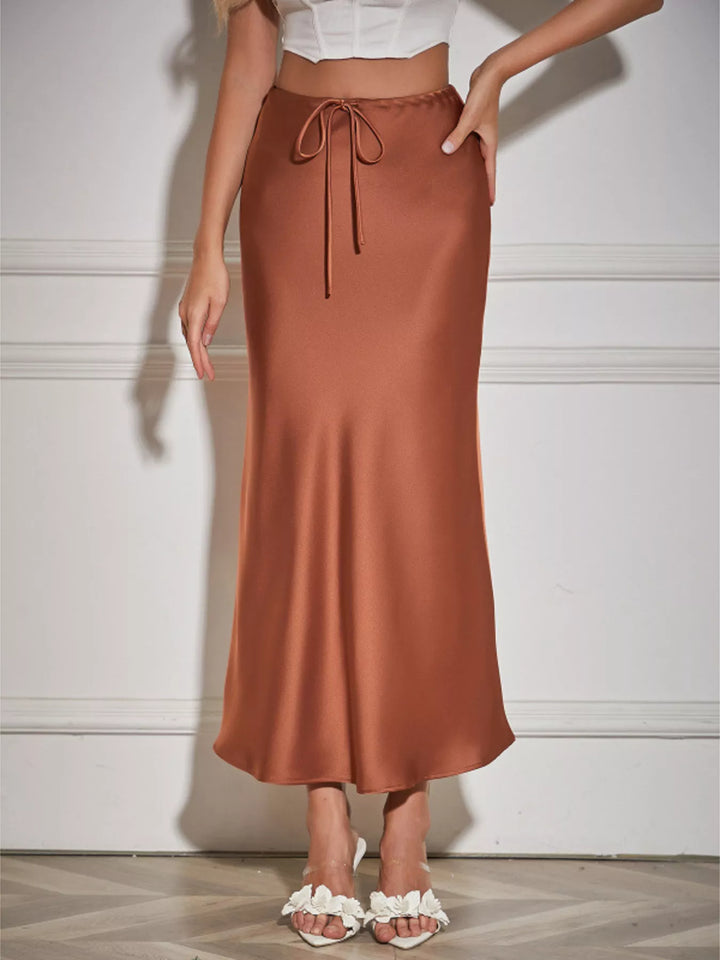Brown High-waist satin midi skirt with drawstring tie