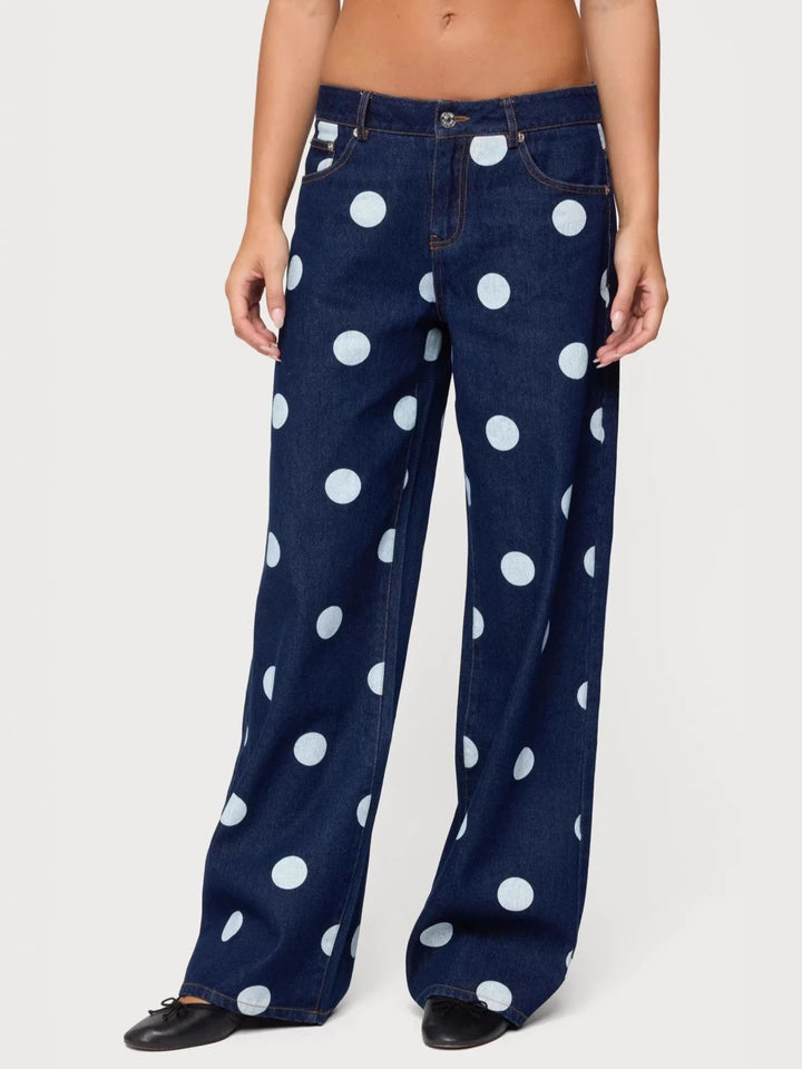 Polka dot wide leg jeans with button fly