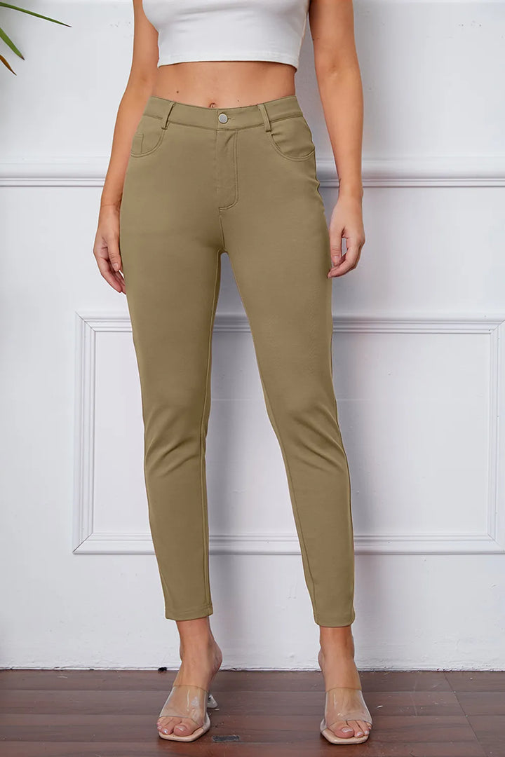Khaki Slim-fit stretch ankle pants with five-pocket styling