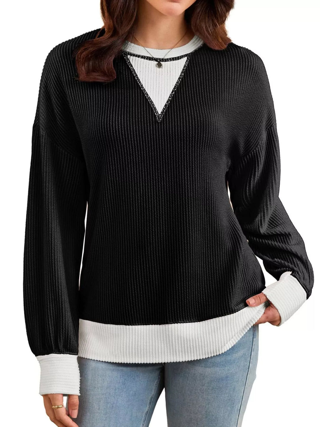 Contrast-trim ribbed dropped-shoulder sweatshirt
