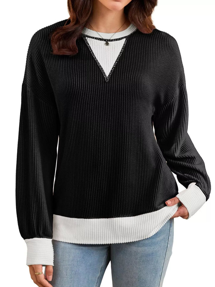 Contrast-trim ribbed dropped-shoulder sweatshirt