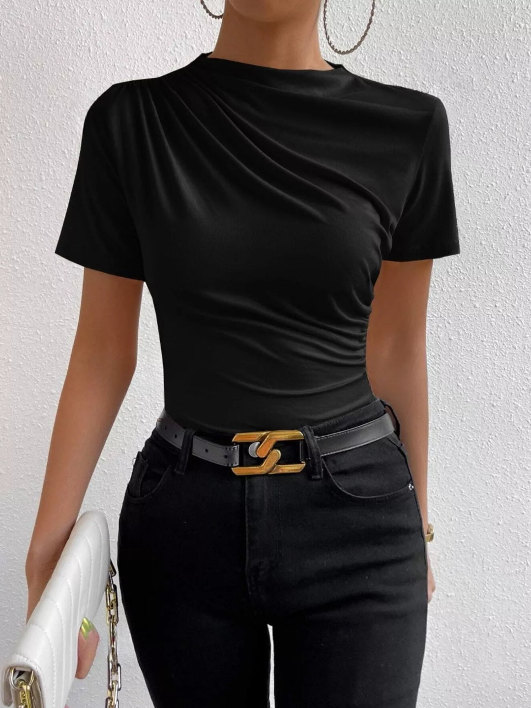 Ruched asymmetric short sleeve fitted top