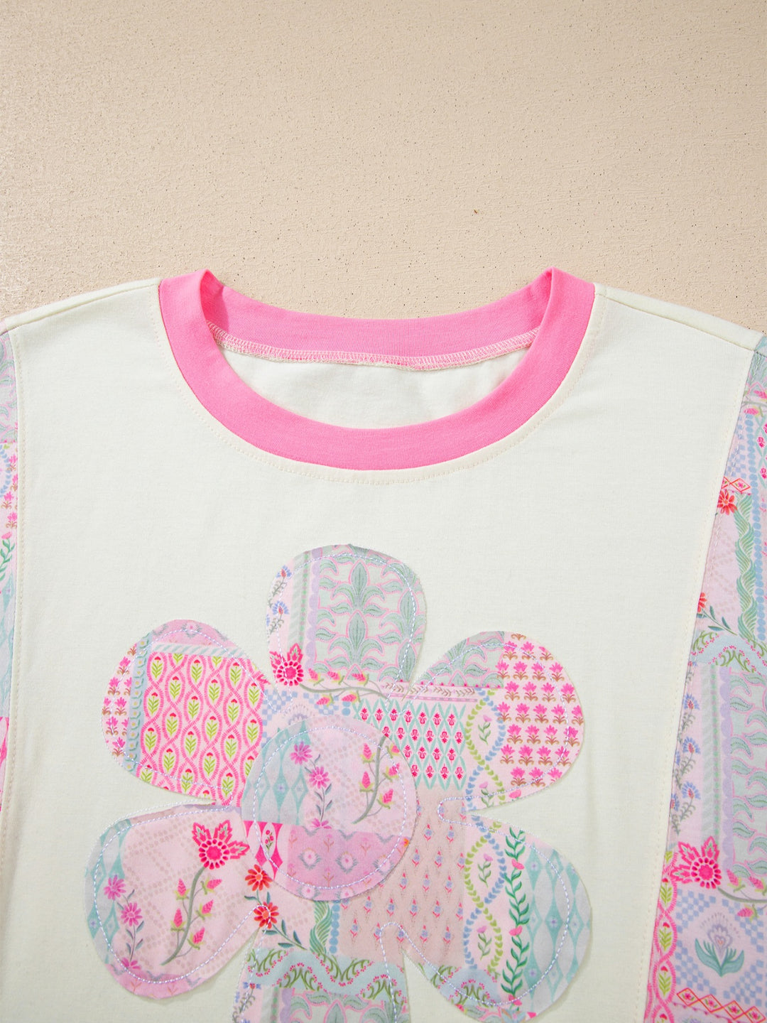 Floral patchwork crew-neck top with flower appliqué