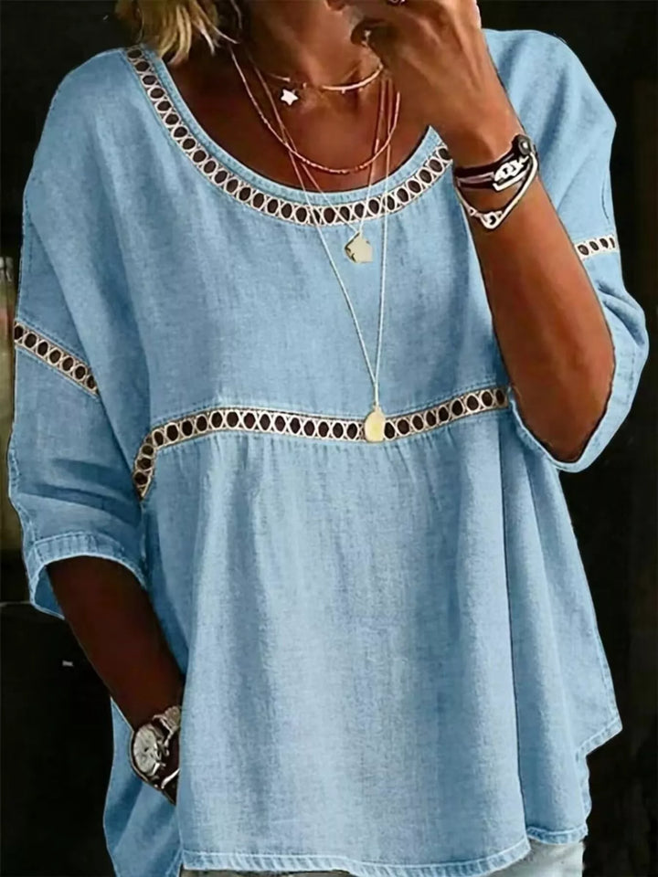 Sky Blue Floral print crochet-trim tunic top with 3/4 sleeves