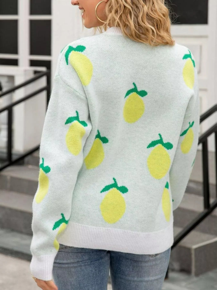 Lemon motif crew neck knit sweater with ribbed trim
