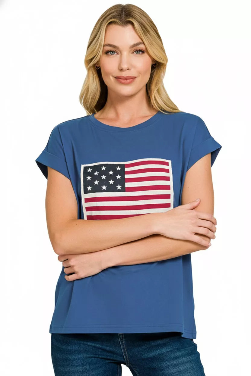 American flag patch crew neck short sleeve tee