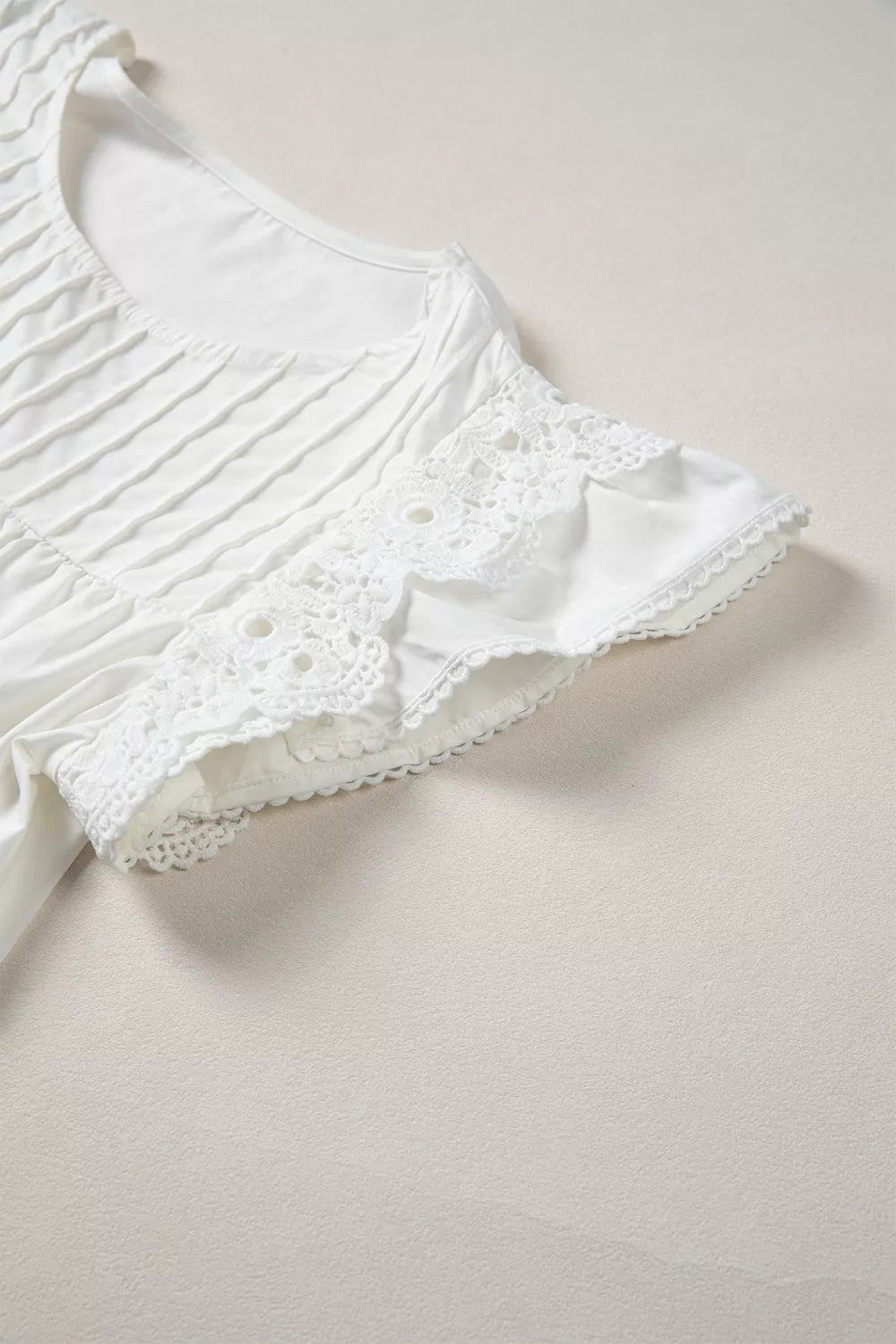 Lace flutter sleeve pintuck yoke round neck blouse