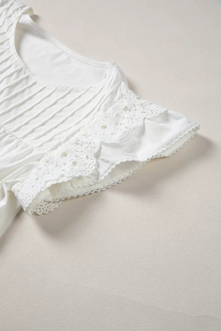 Lace flutter sleeve pintuck yoke round neck blouse
