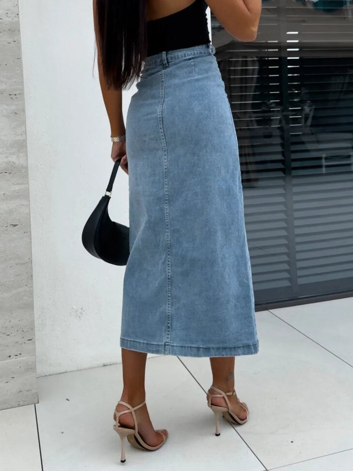 High-waist front-button slit midi denim skirt