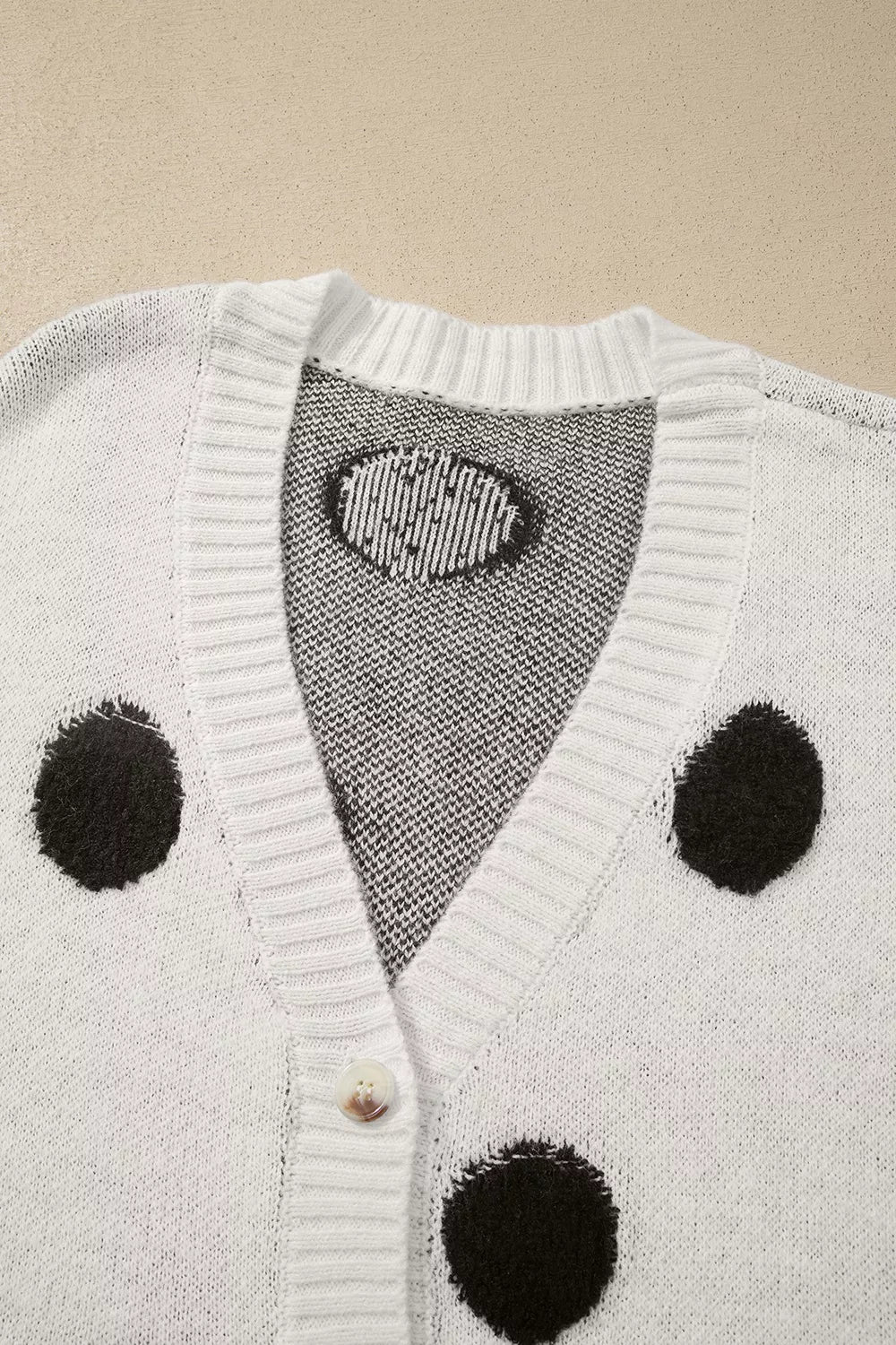 Fuzzy polka dot button-up knit cardigan with pockets