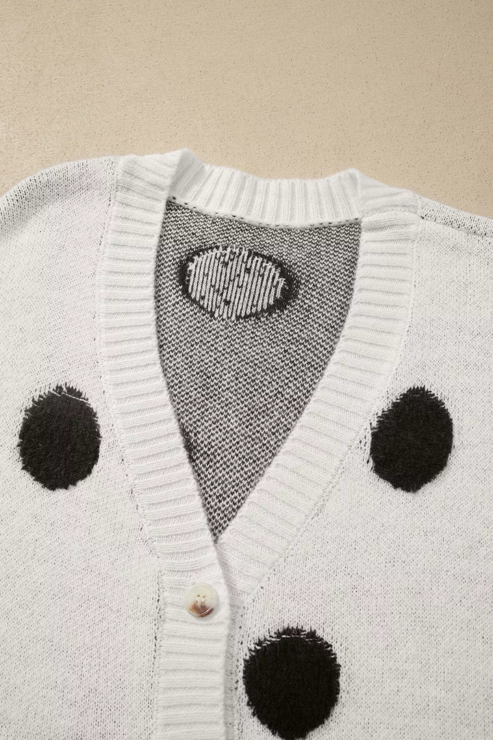 Fuzzy polka dot button-up knit cardigan with pockets