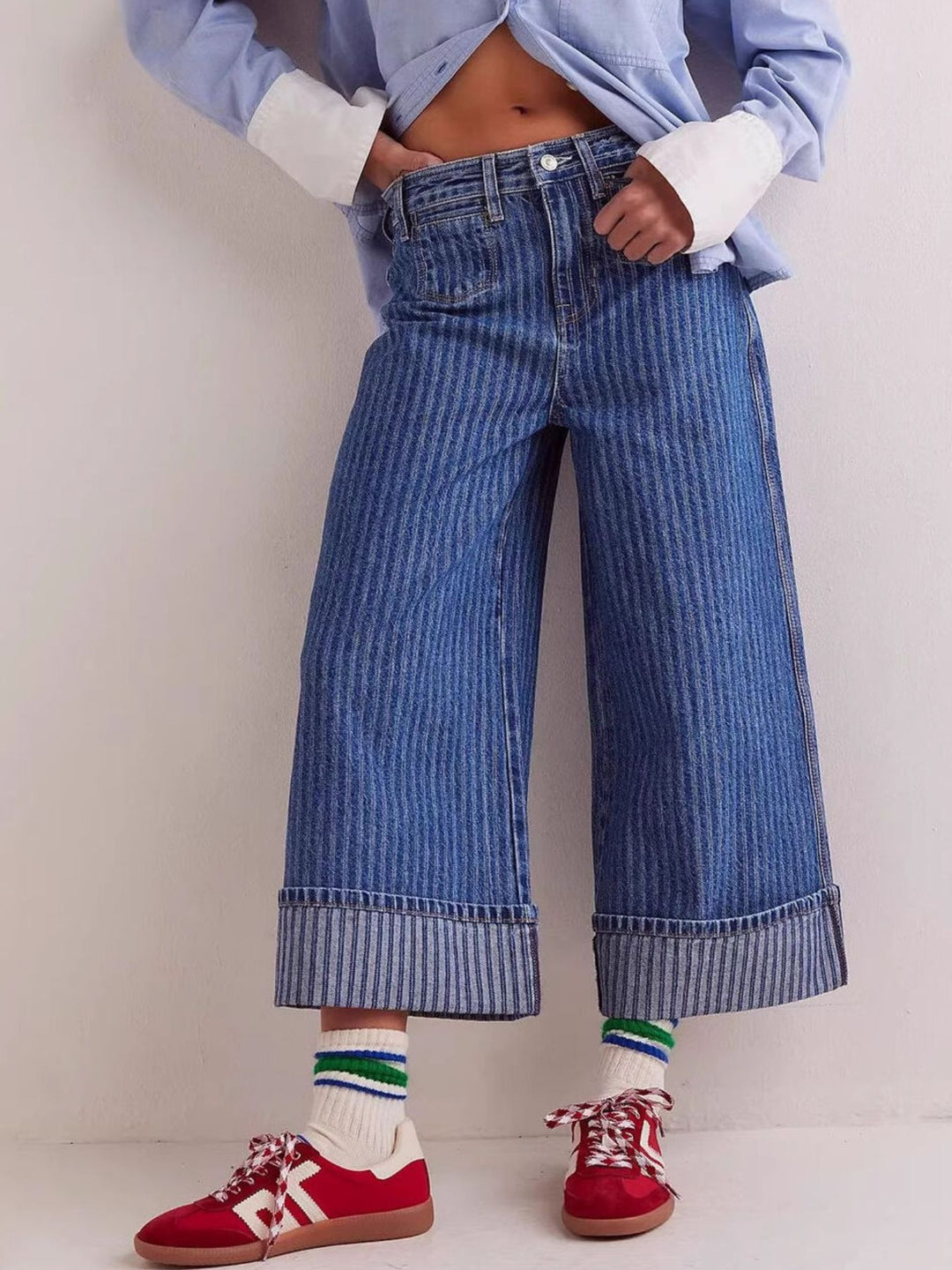 Dark Blue Wide-leg cropped jeans with deep cuffed hem and center seam