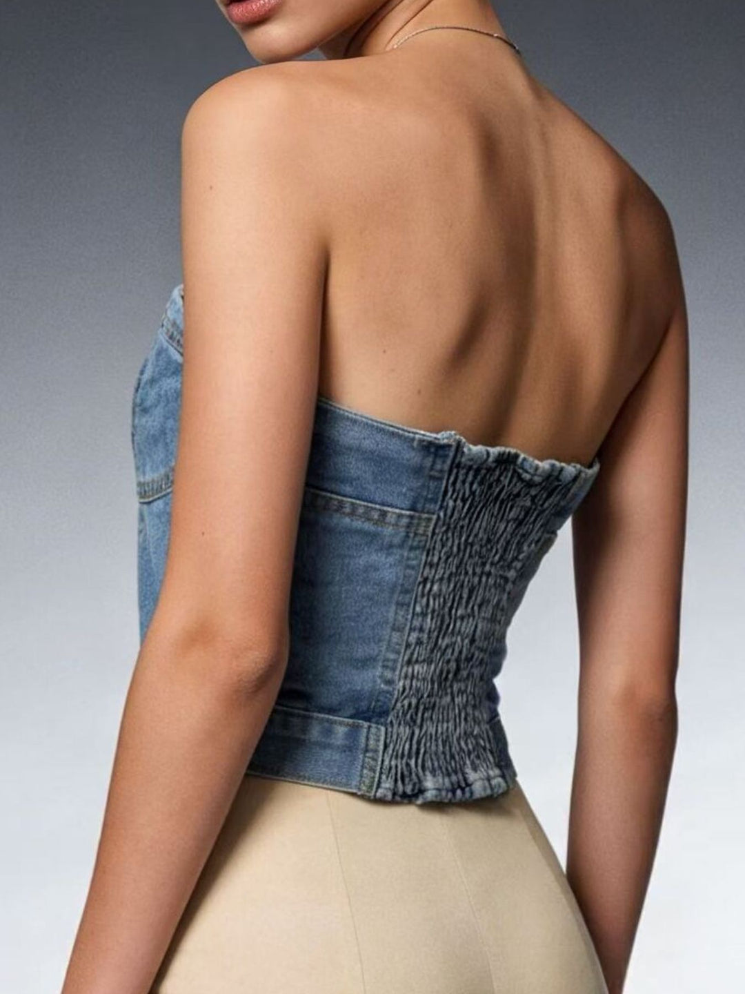 Button-front denim tube top with smocked sides