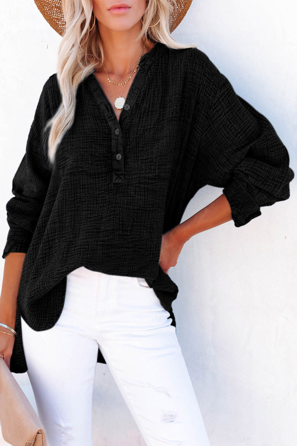Black Textured cotton blouse with half-button placket and long sleeves