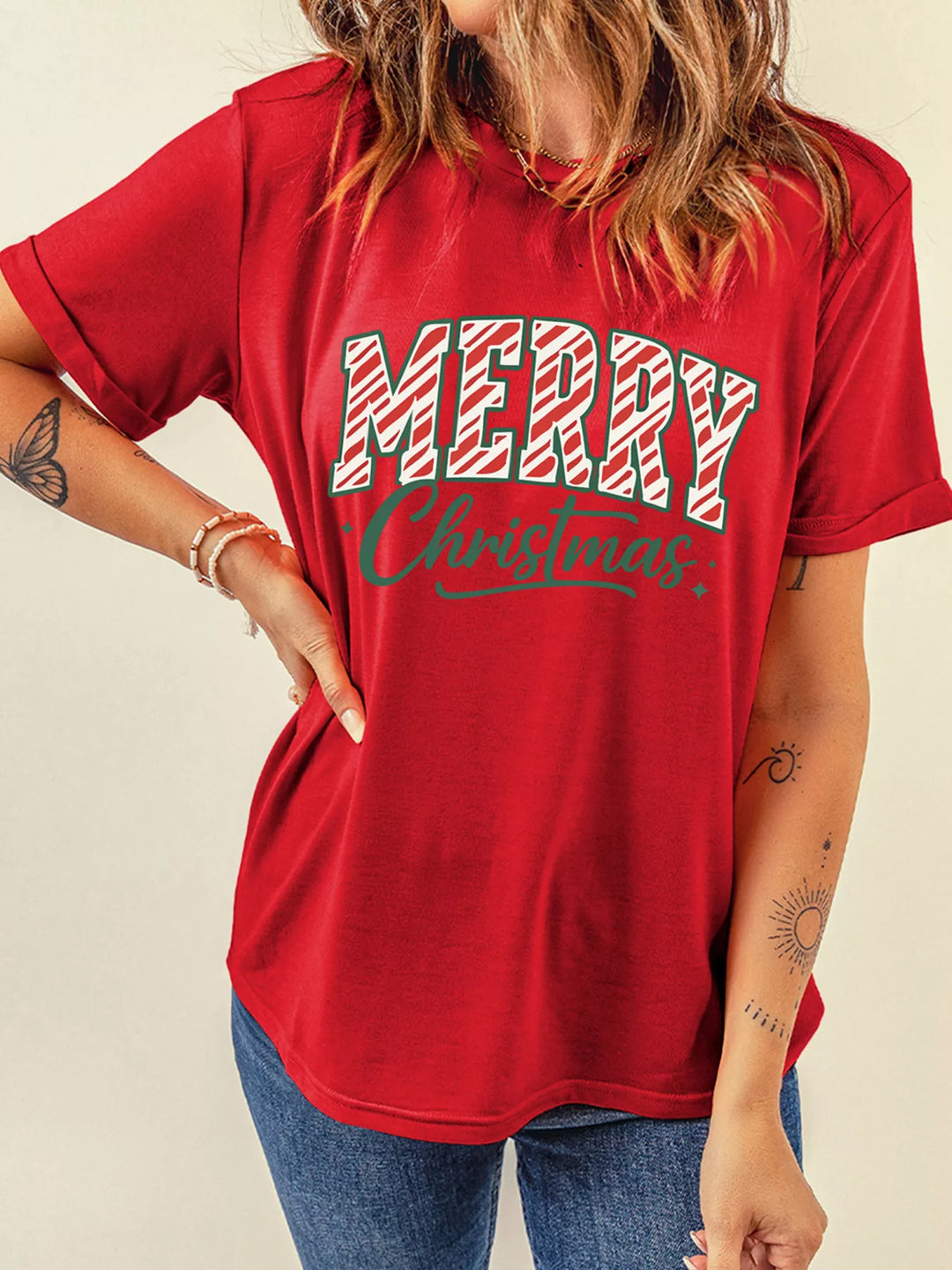 Merry Christmas candy-cane graphic short sleeve tee
