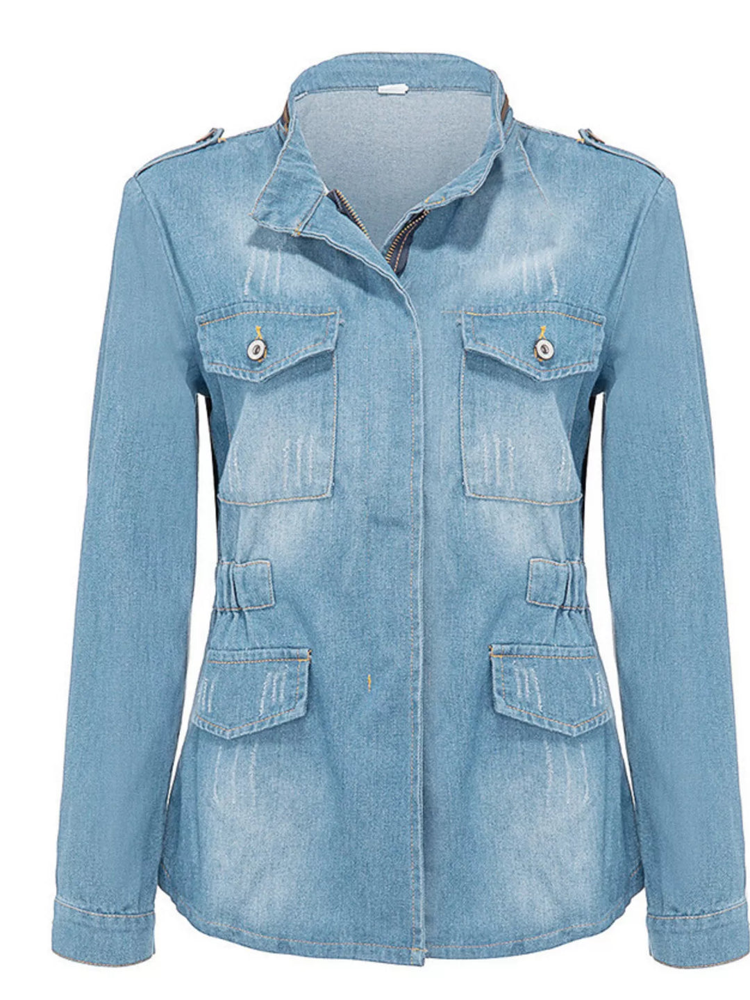 Light Blue Distressed zip-up utility denim jacket with cinched waist