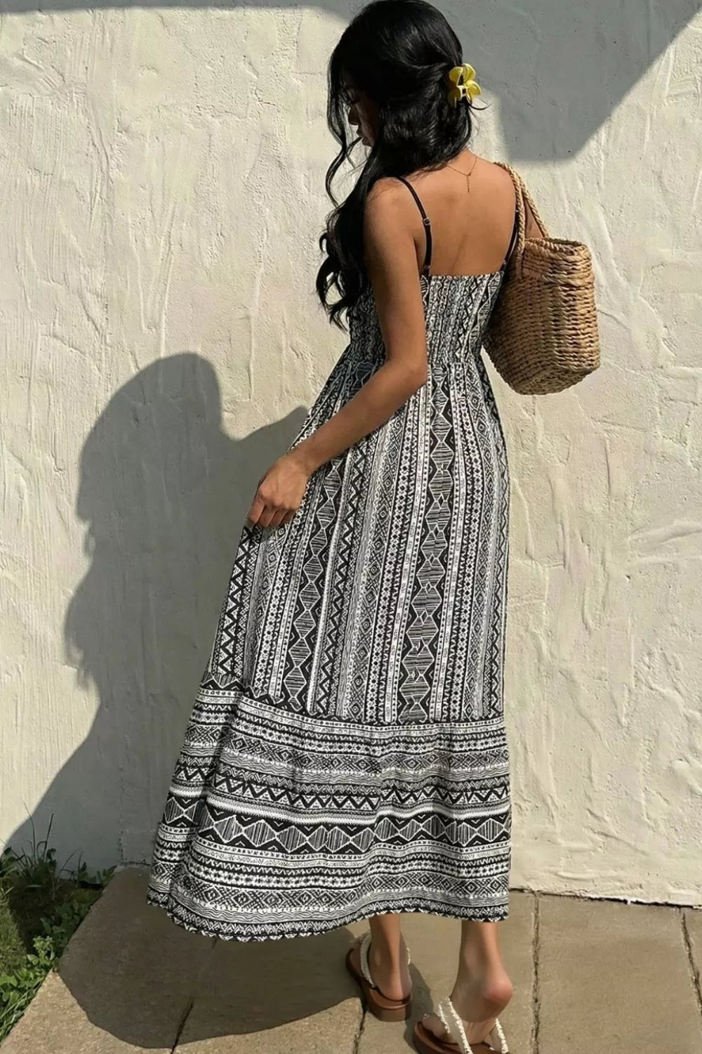 Geometric print tie-front square neck midi dress