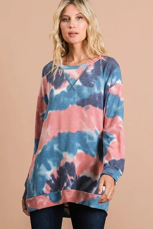 MULTI Tie-dye French terry pullover with front stitch detail