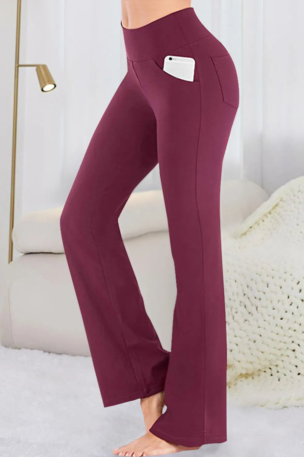 Burgundy High-waisted flare yoga pants with side phone pockets