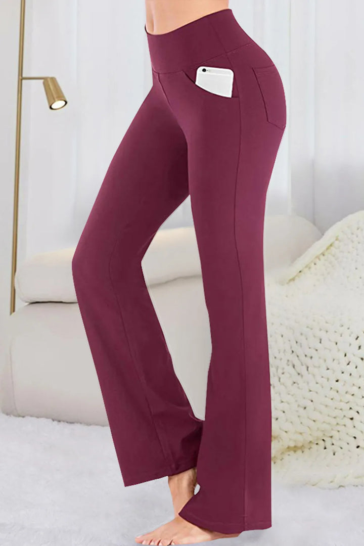Burgundy High-waisted flare yoga pants with side phone pockets