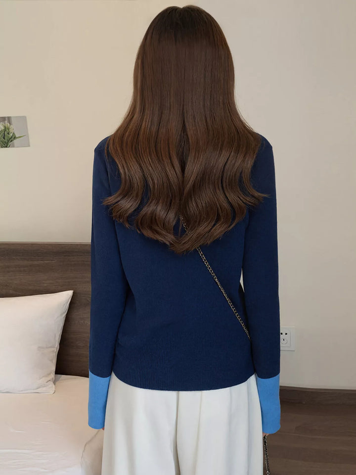Contrast-trim ribbed knit V-neck button cardigan