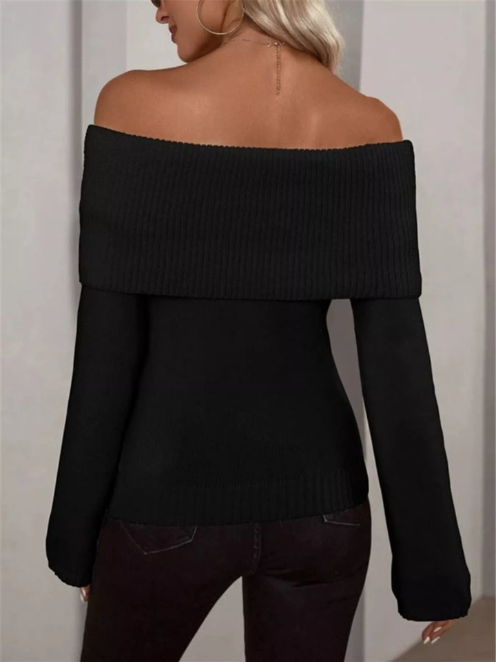 Off-shoulder foldover ribbed knit sweater