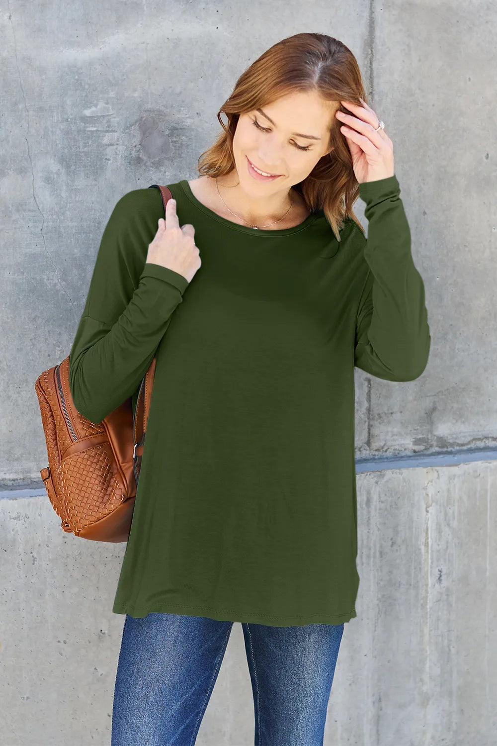 Army Green Dropped-shoulder round neck long sleeve knit top