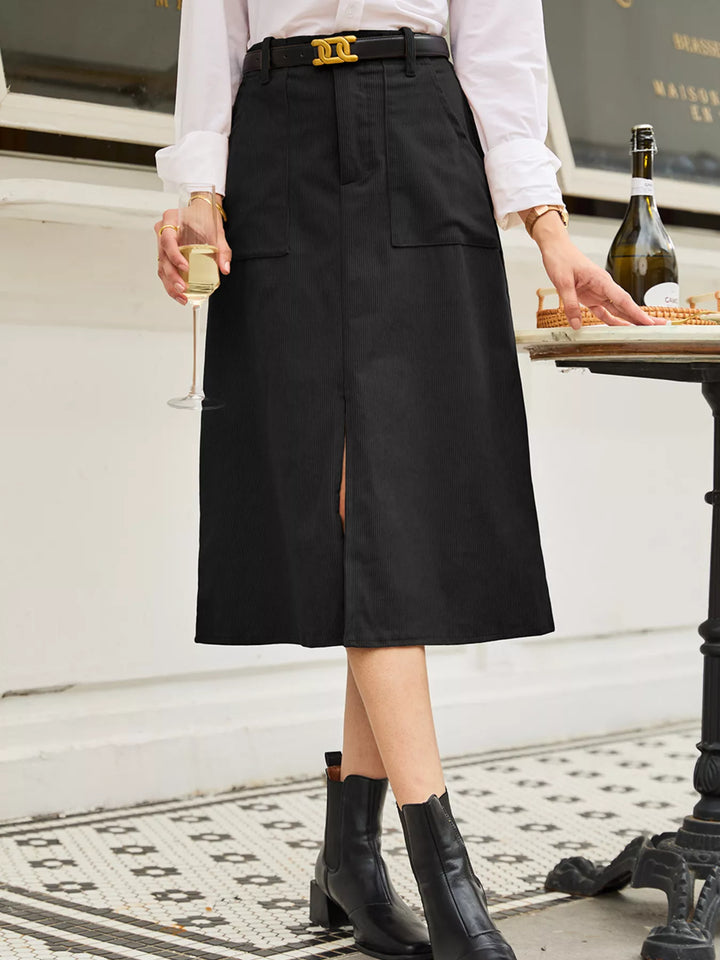 Ribbed high-waist midi skirt with front slit and pockets