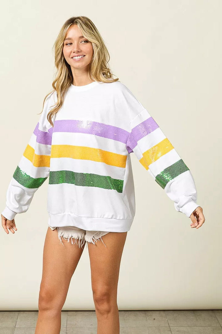 Sequin stripe Mardi Gras crewneck sweatshirt