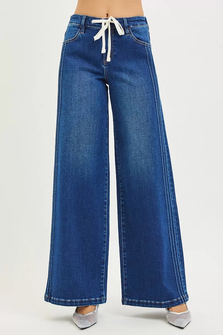 DARK Mid-rise wide-leg pintuck jeans with drawstring
