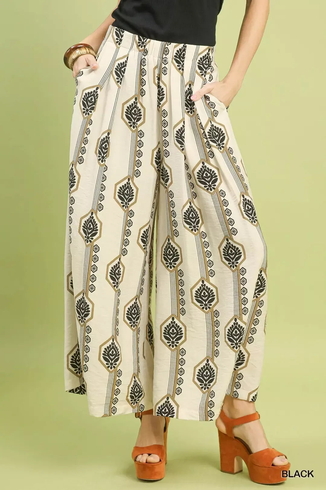 BLACK Boho medallion print wide leg pants with side pockets