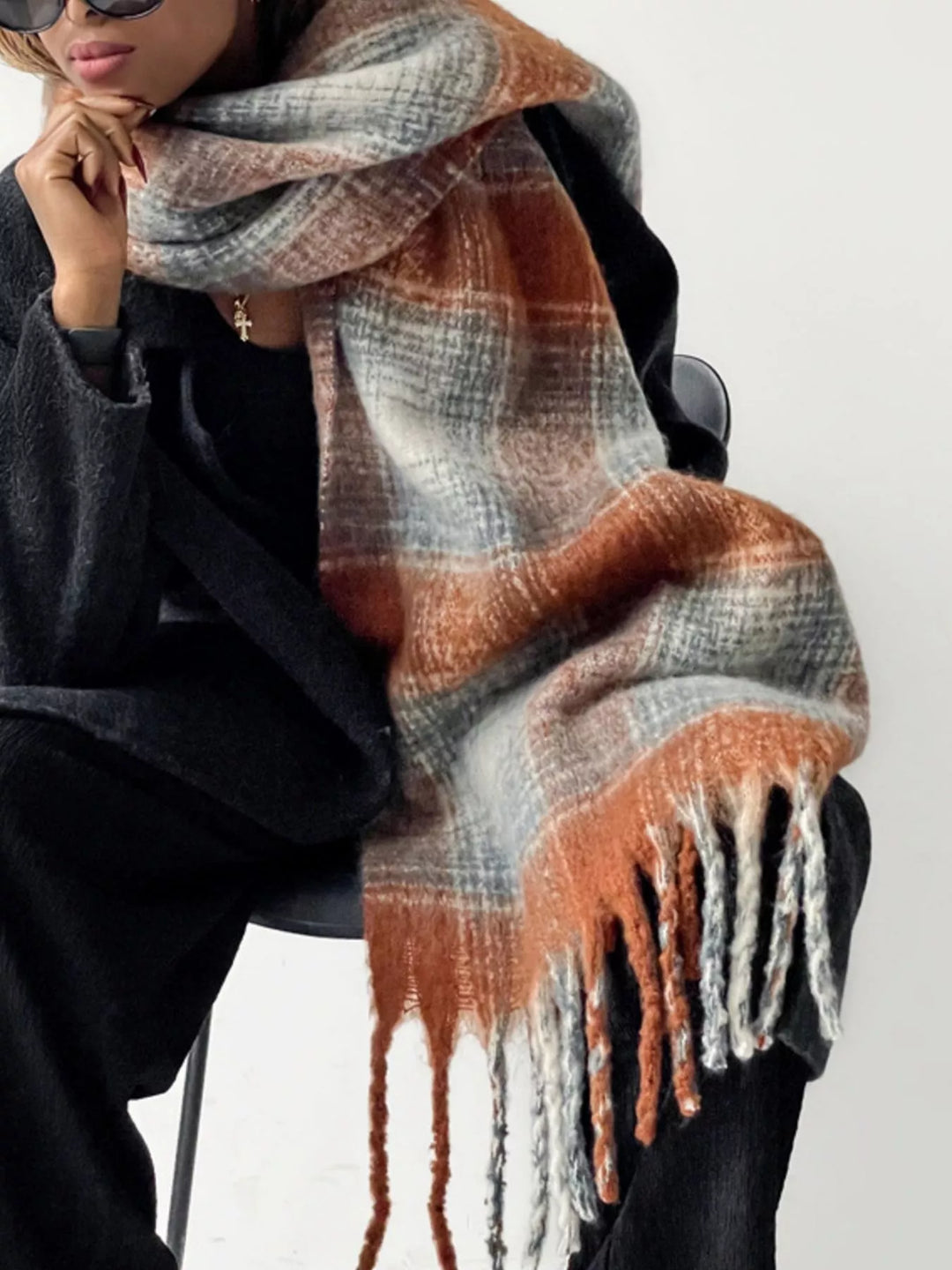 Sherbet Brushed plaid blanket scarf with twisted fringe