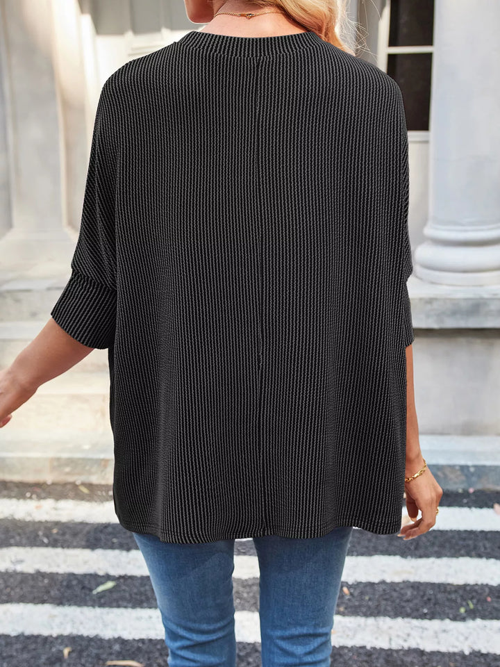 Ribbed knit dolman-sleeve relaxed crew neck top