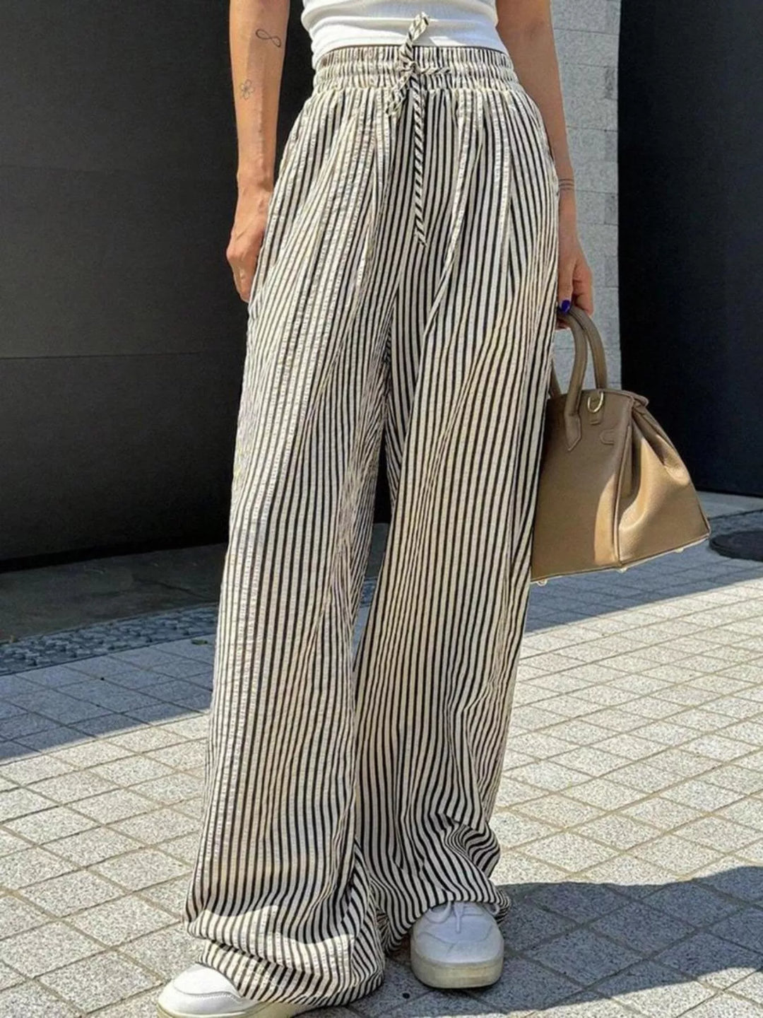 Black Striped wide-leg drawstring pants with side pockets
